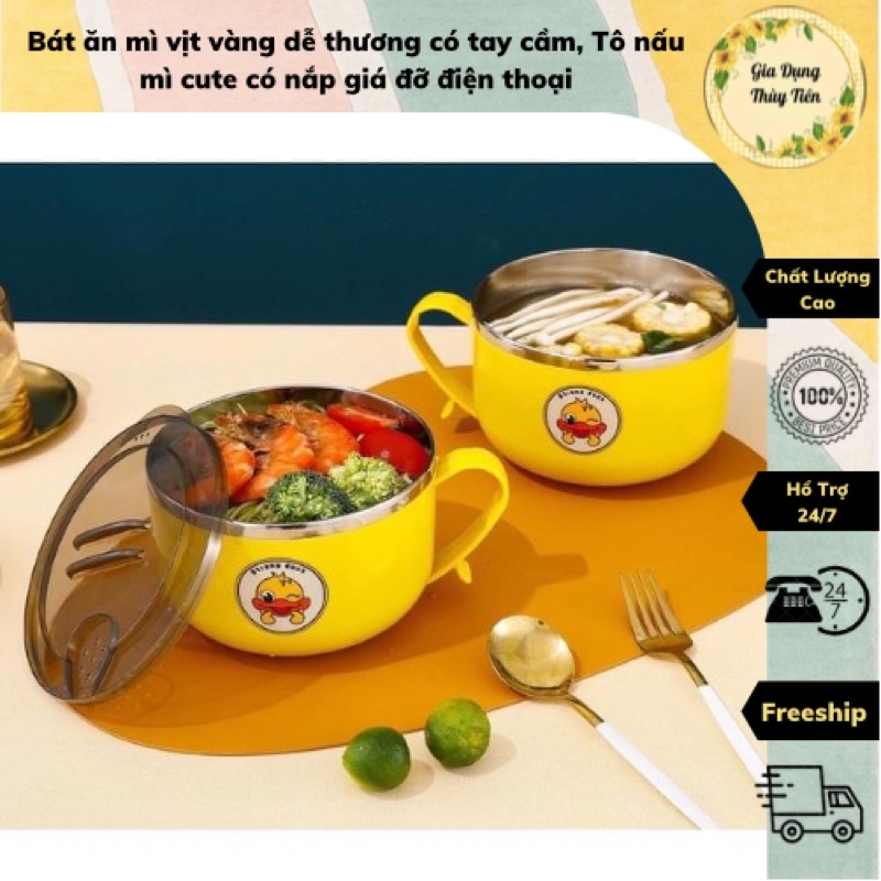 Bát ăn mì vịt vàng dễ thương có tay cầm, Tô nấu mì cute có nắp giá đỡ điện thoại