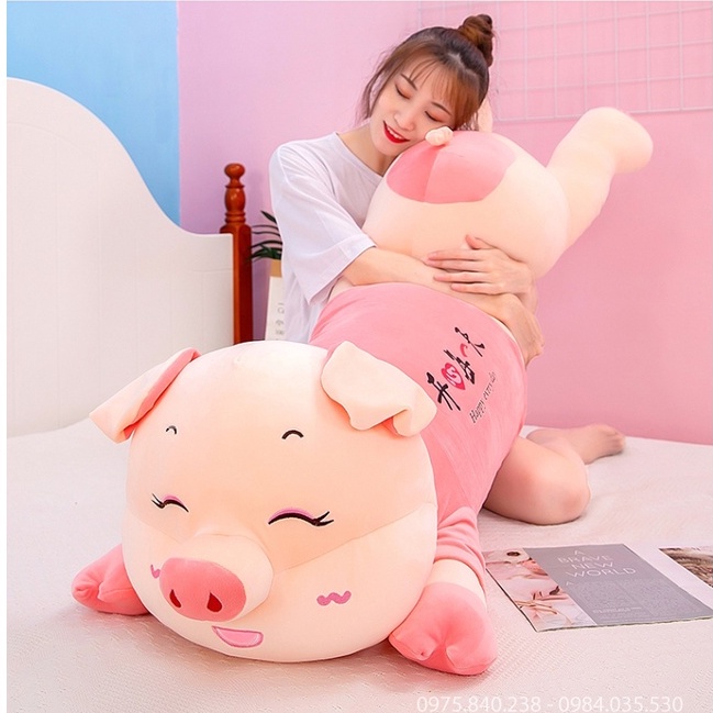 Lợn Nhồi Bông Cute, Gối Ôm Hình Thú Heo Mặc Áo Hồng Size To 1m5