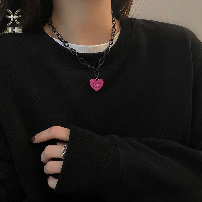 【JIHE】vòng cổ Mặt Trái Tim Màu Hồng Phong Cách Hip Hop Thời Trang Hàn Quốc