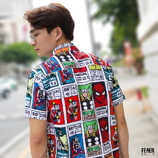 Áo Sơ Mi Marvel Comic tay ngắn nam FEAER form suông, Chất lụa chéo