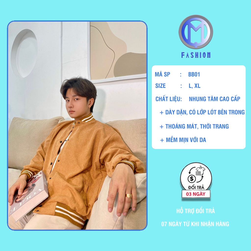 Áo khoác nam bomber nhung tăm nỉ đẹp 2 lớp form rộng bóng chày cao cấp M Fashion BB01