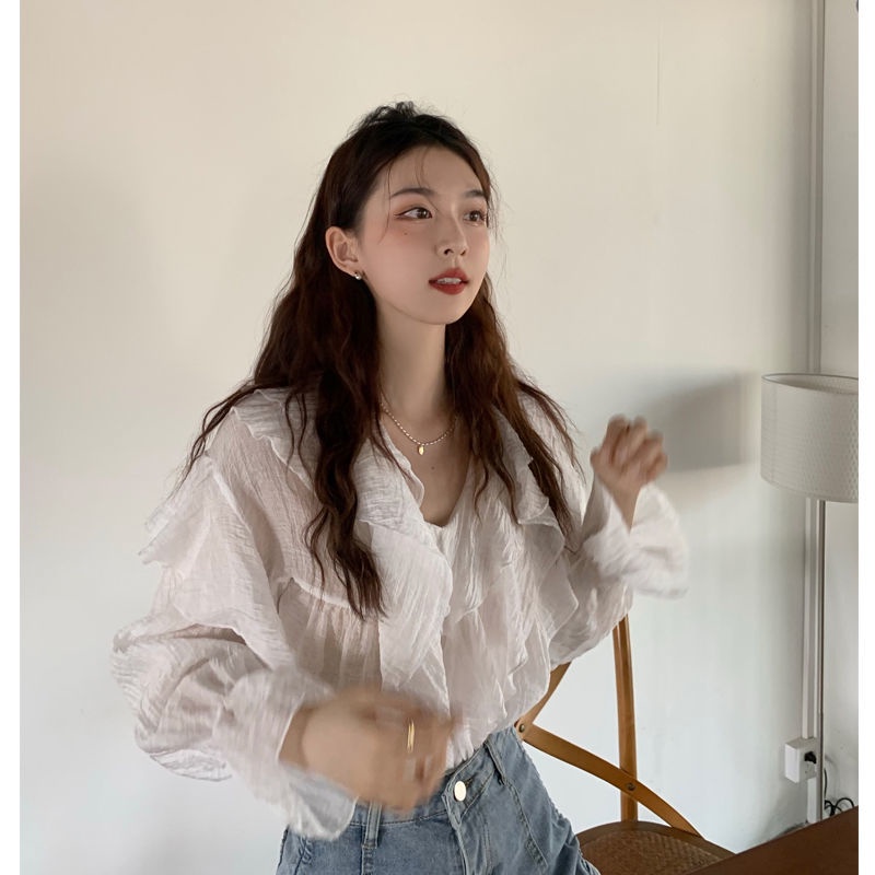 Áo Sơ Mi Cổ Chữ V Phối Bèo Form Rộng Phong Cách Retro Hàn Quốc