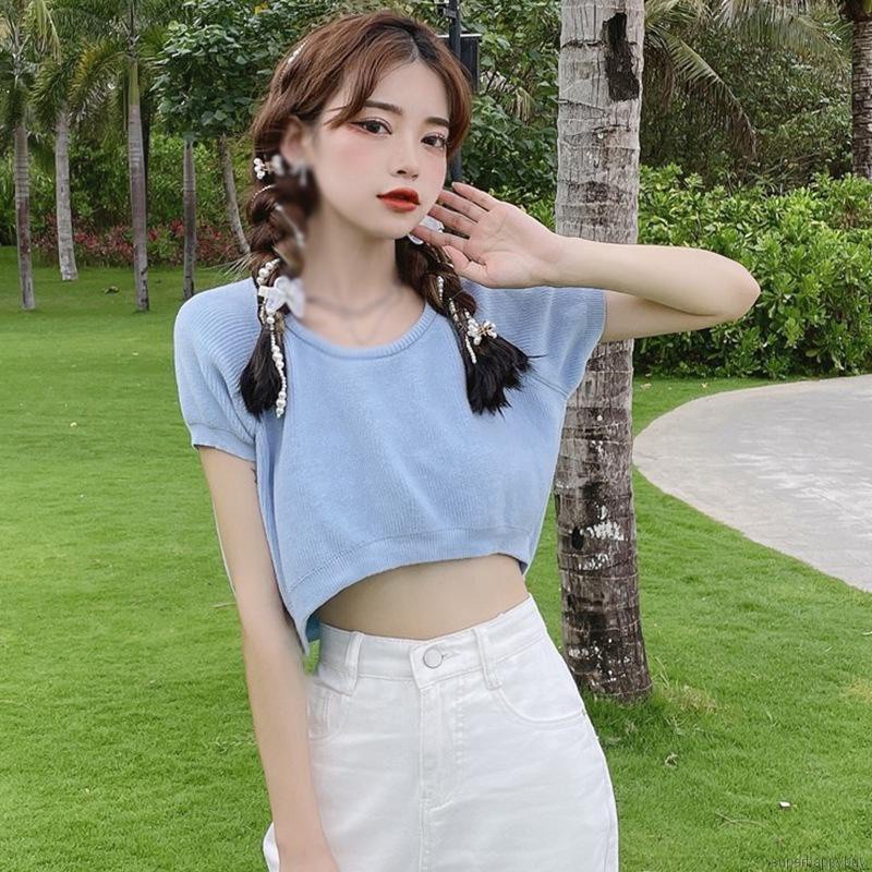 Áo Croptop Dệt Kim Tay Ngắn Màu Sắc Đơn Giản Phong Cách Hàn Quốc