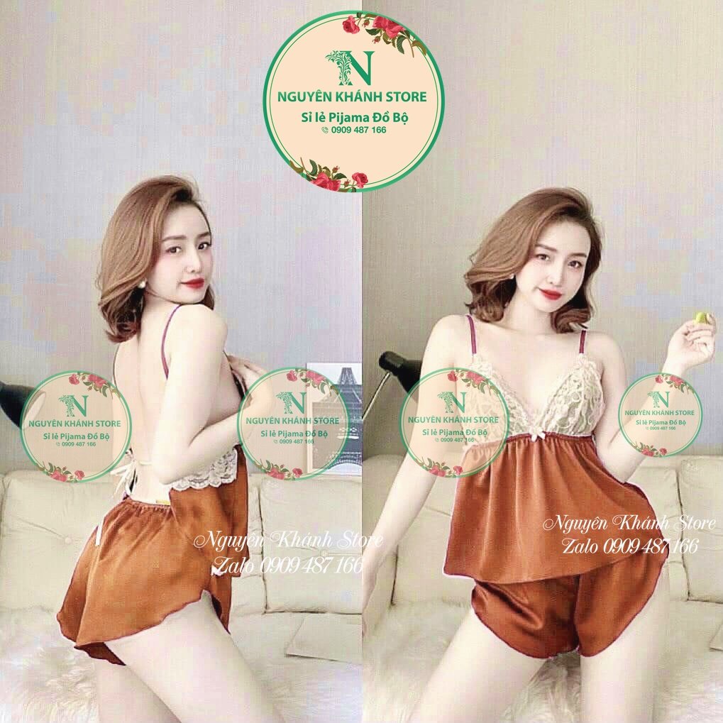 Đồ ngủ sexy có mút ngực cột dây hở lưng gợi cảm vải phi lụa freesize dưới 58kg