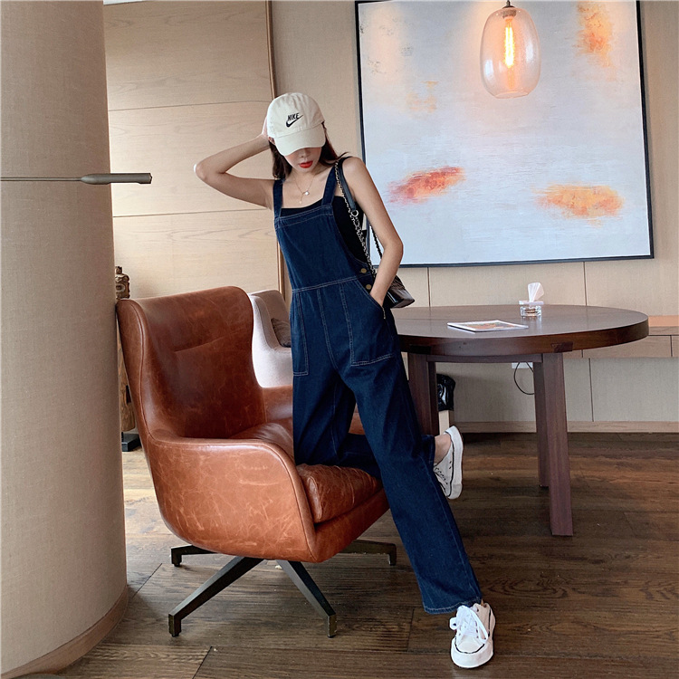 Màu Đậm Yếm Denim Nữ Hàn Quốc Mùa Xuân Lỏng Lẻo Thẳng Eo Cao Mỏng Jumpsuit Hồng KôngchicQuần Rộng | BigBuy360 - bigbuy360.vn