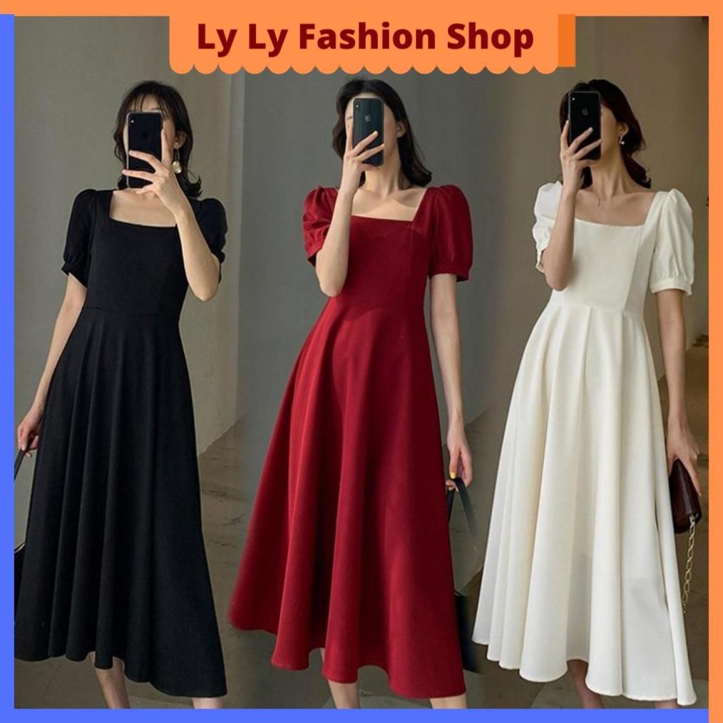 Váy Đi Dự Tiệc Cưới Cổ Vuông Sang Trọng LyLy Đầm Công Sở Hàn Quốc Thiết Kế Xòe Cao Cấp, Ôm Body Đẹp Trắng Đỏ Đen VD003