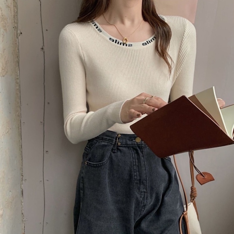 【ZHELIHANGFEI】Áo Dệt Kim Tay Dài Thêu Chữ Cá Tính Trẻ Trung Hợp Thời Trang