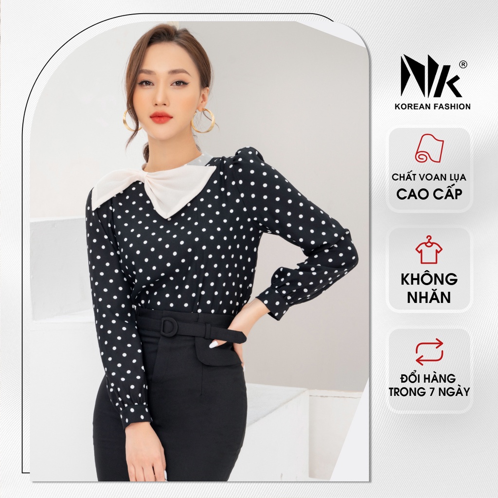 Áo Sơ Mi Nữ Dài Tay NK Fashion Cổ Phối Nơ Hoạ Tiết Chấm Bi, Chất Voan Lụa Mềm Mịn NKSM2112006