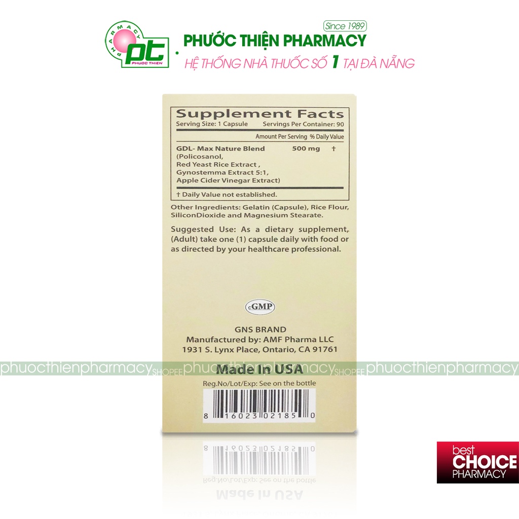 Viên uống hạ mỡ máu, điều hòa cholesterol Mỹ, ổn định huyết áp, tim mạch GNS GDL Max Nature lọ 90 Viên