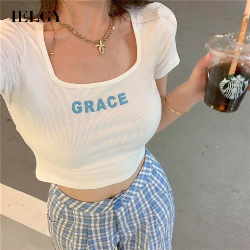 Áo thun IELGY tay ngắn cổ vuông in chữ thời trang cho nữ