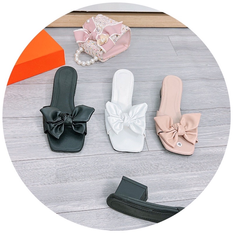 Bán sỉ- Dép cao gót quai ngang da lì nơ 4cánh mới gót vuông 3cm siêu xinh