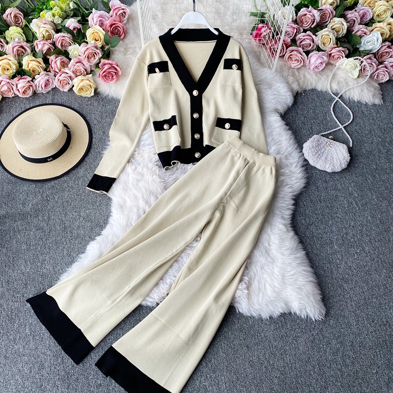 Set áo quần len áo len cardigan áo khoác quần len ống suông A432