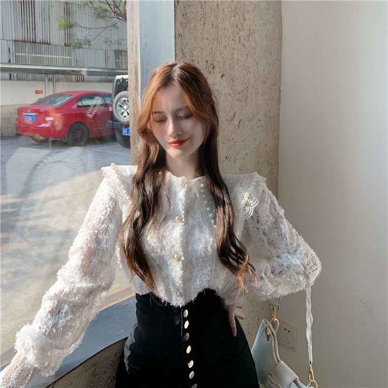Áo sơ mi ren nữ búp bê cổ áo thiết kế , áo sơ mi dài tay mỏng mùa xuân 2021 - Có ảnh thật