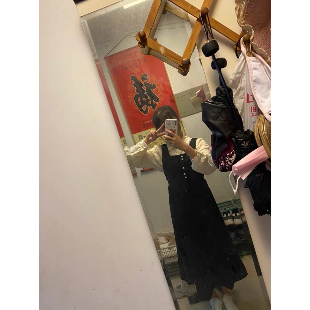 [ORDER] (ORDER) Váy yếm xòe dài Vintage Hàn dọc khuy thắt eo Hàn Quốc Có ảnh thật