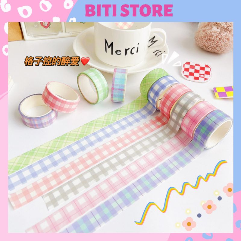 [Mã LIFEBOOK2 giảm 10% đơn 0Đ] Cuộn Washi Băng Keo Họa Tiết Caro Màu Pastel Dễ Thương BiTi Store