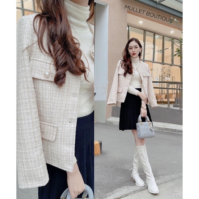 ÁO TWEED THỜI TRANG BEIGE HAI NẮP TÚI