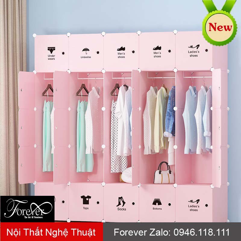 Tủ nhựa lắp ghép 25 ô 183*183*47cm Decal quần áo màu hồng bảo hành 1 đổi 1 - Nội Thất Nghệ Thuật Forever