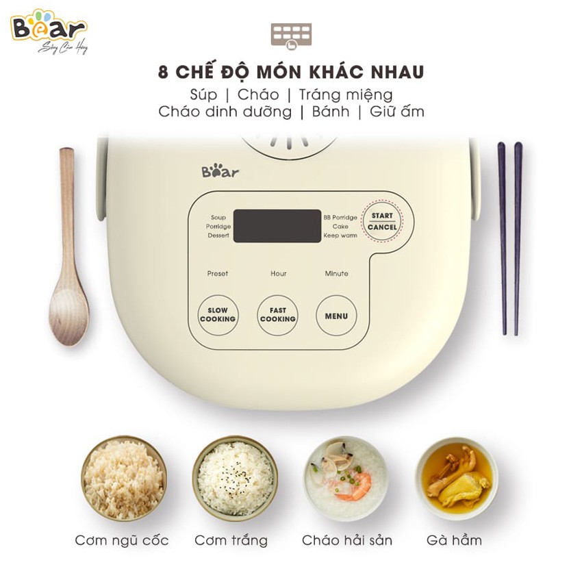 Nồi cơm điện mini Bear DFB-B20A1 dung tích 2L công suất 350W, 8 chế độ nấu thông minh giữ ấm 24h - KitchenMart | BigBuy360 - bigbuy360.vn