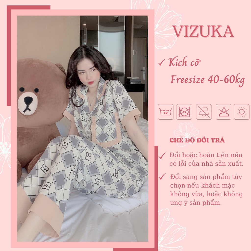 Đồ bộ nữ pijama tay ngắn quần dài lụa thiết kế mặc nhà họa tiết cute VIZUKA
