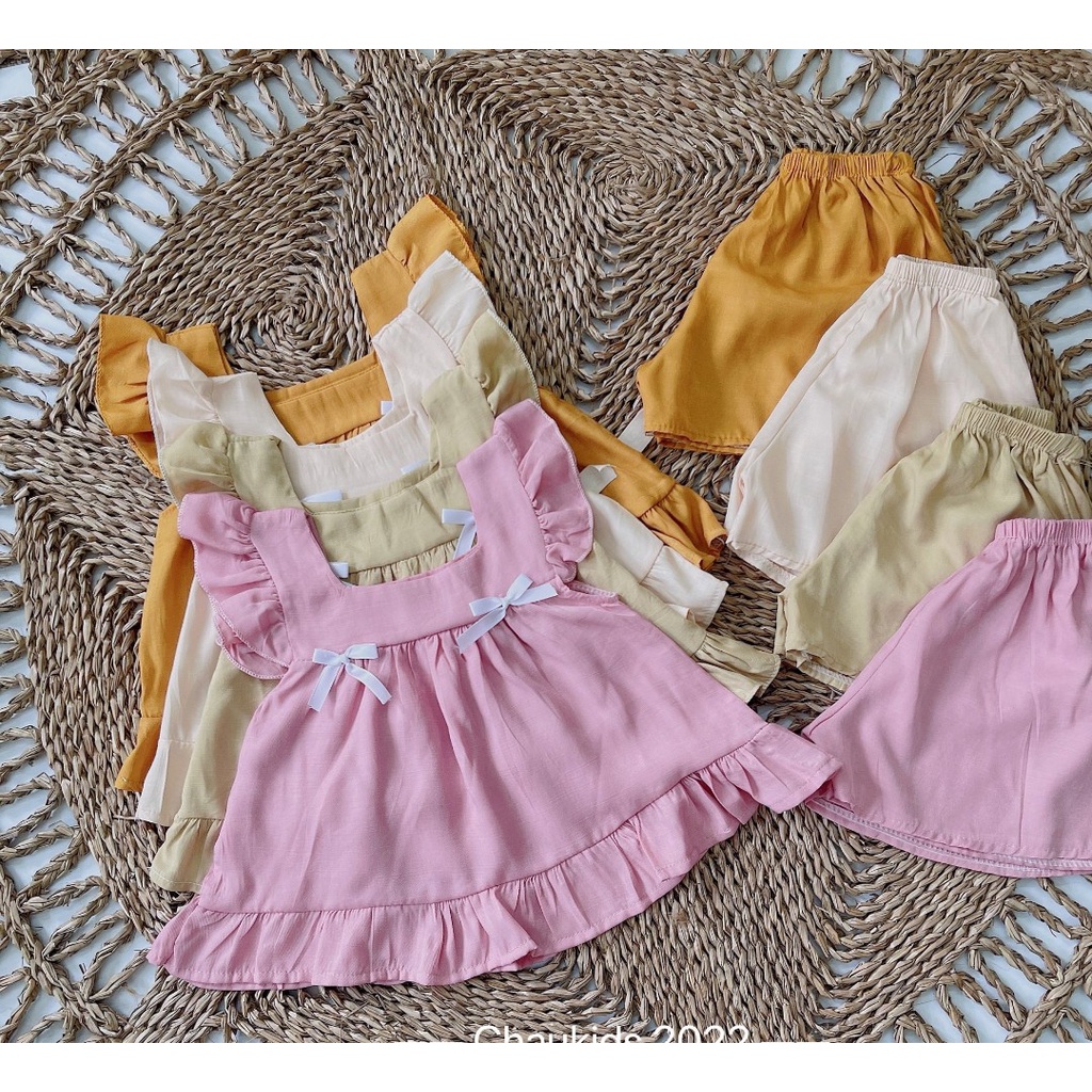 Bộ cộc tay bé gái, bộ áo cánh tiên chất đũi mềm cổ vuông phần ngực 2 nơ nhỏ cho bé