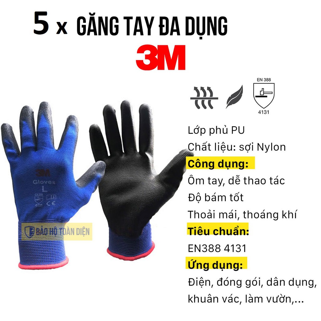 5 đôi Găng tay đa năng 3M | Chống cắt cấp độ 1 | Găng tay làm điện, làm vườn, lái xe