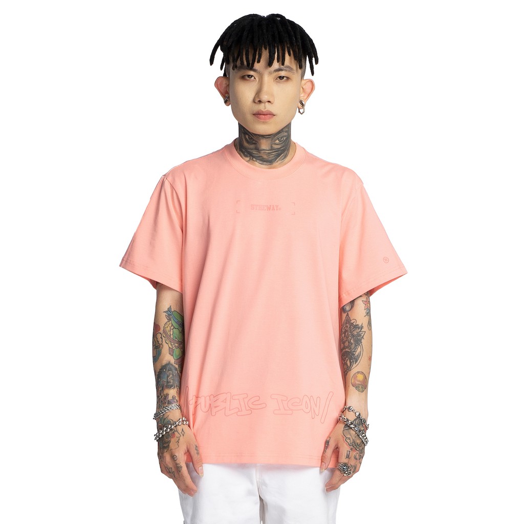 5THEWAY® /public icon/ BIG LOGO SQUARE TEE in PEACH BUD aka Áo Thun Tay Ngắn Hồng Nhạt