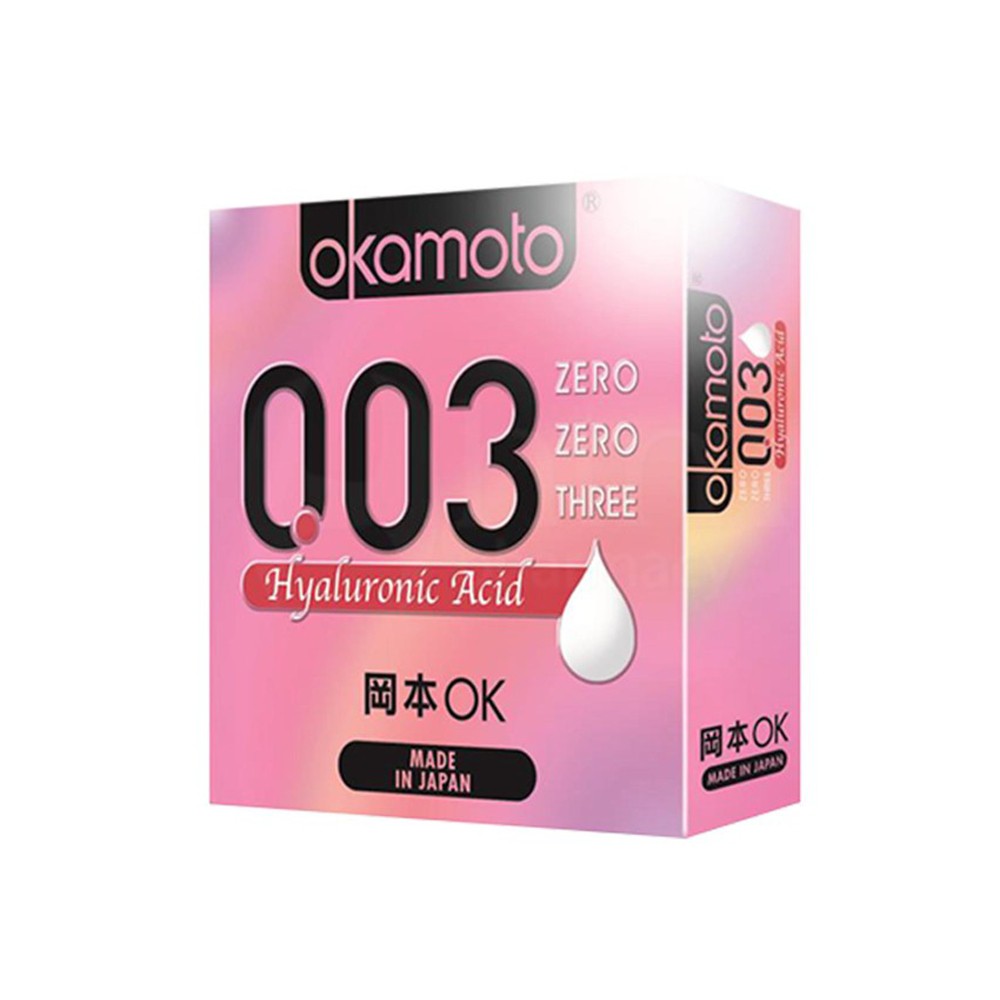 Bao cao su Okamoto 0.03 HA ( Hyaluronic Acid ) cực siêu mỏng chứa tinh chất dưỡng ẩm, mịn da hộp 3 chiếc