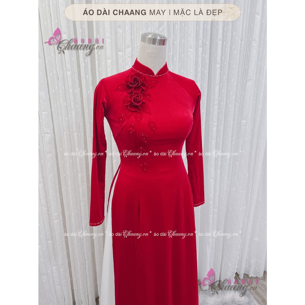 Áo dài nhung cô dâu truyền thống thiết kế áo cưới đẹp cài hoa đính đá cao cấp