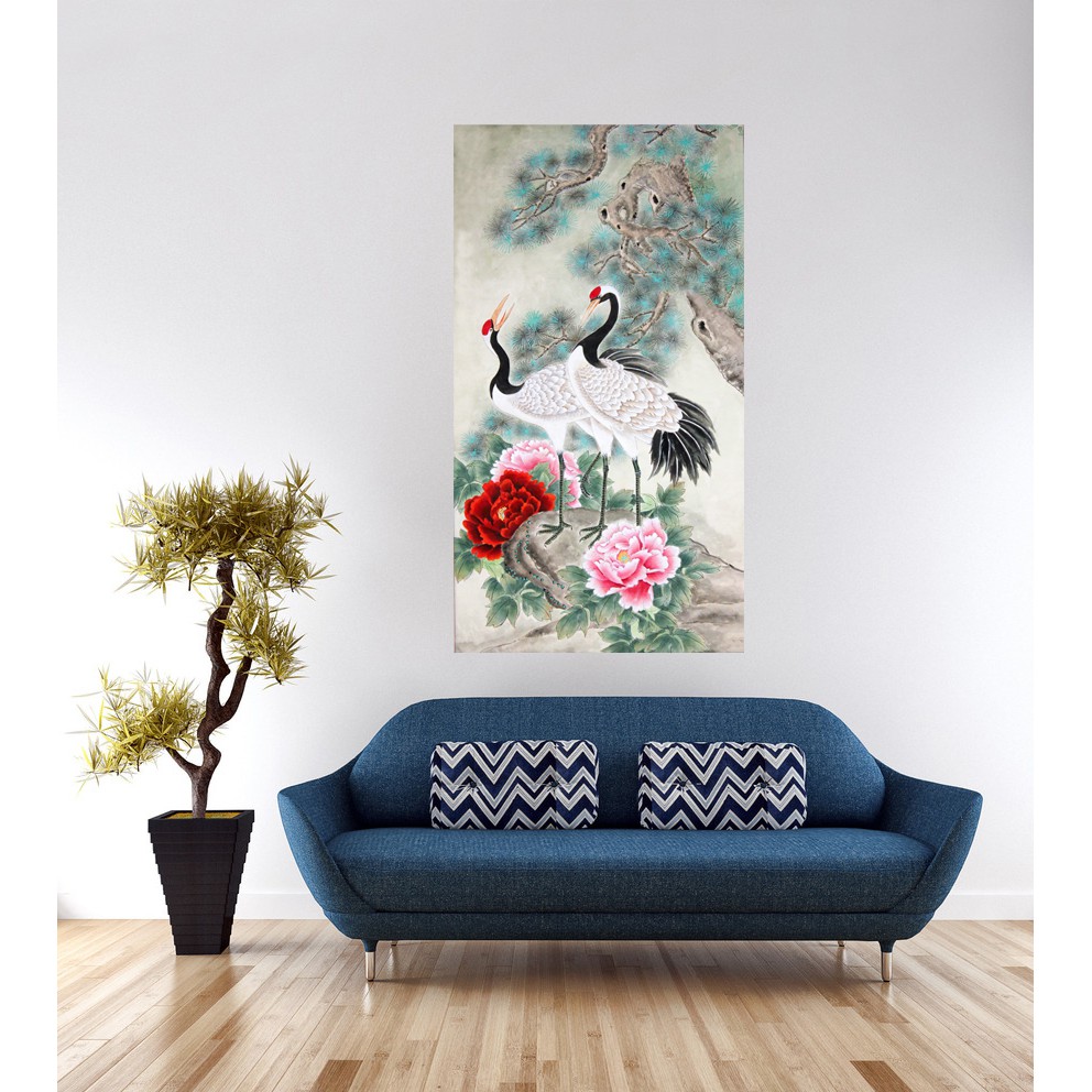Tranh dán tường 3D khổ dọc phong thủy Tùng hạc diên niên LunaTM-0107 kim sa