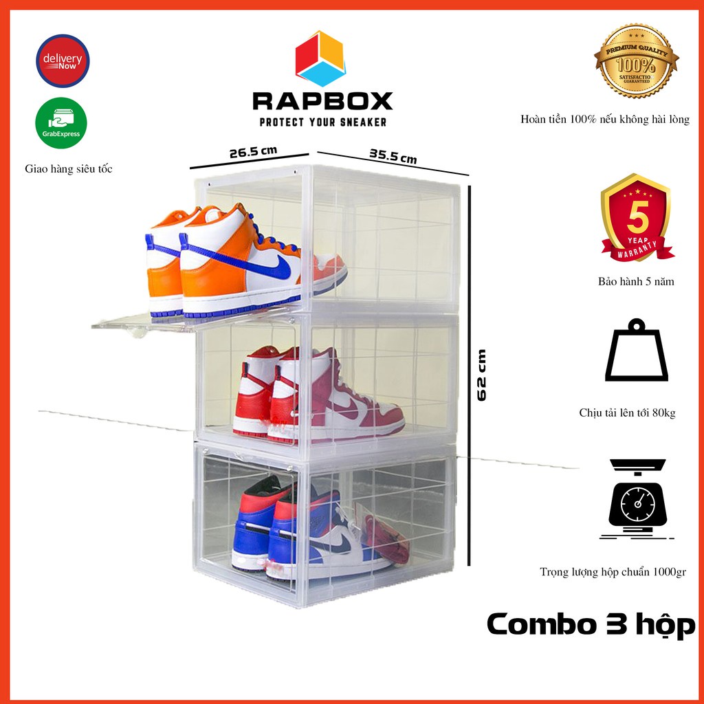 Combo 3 Hộp Đựng Giày RAPBOX Cao Cấp Nhựa Cứng Trong Suốt Cửa Mở Nam Châm - 3HRB, Hộp Size Lớn