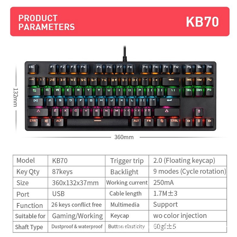 Bàn Phím Cơ Gaming KB70 Black nhỏ gọn