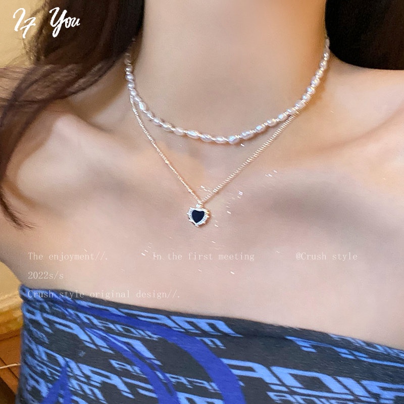 Vòng cổ Choker AY mặt trái tim đôi đính ngọc trai đen thanh lịch dành cho nữ
