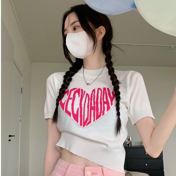 Áo Thun Dệt Kim Ngắn Tay Ôm Dáng In Chữ Và Trái Tim Thời Trang Phong Cách Hàn Quốc Cho Nữ