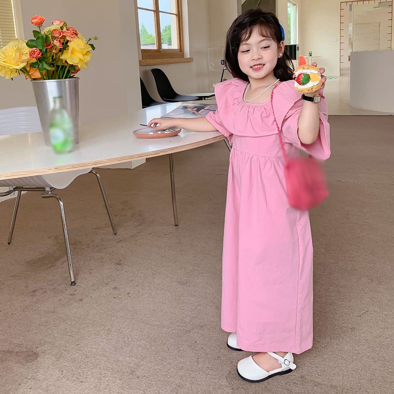 Áo Liền Quần Cổ Cánh Hoa Tay Ngắn Màu Trơn Thời Trang Mùa Hè Cho Bé Gái Se7en