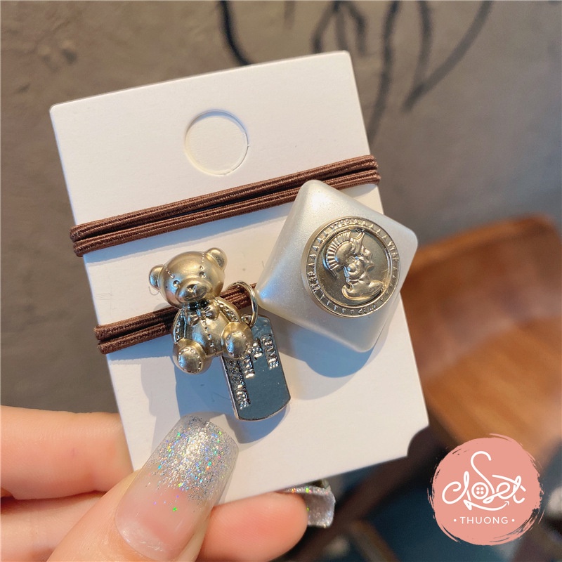 Dây buộc tóc màu trà sữa ngọt ngào gắn charm gấu/thỏ phong cách cổ điển