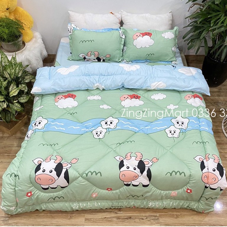 (Thanh Lý) Sét 5 Món Chăn Phao Ga Gối Kèm Vỏ Gối Ôm | Mẫu Bò Hồng (Ghi chú tên mẫu khi đặt đơn)