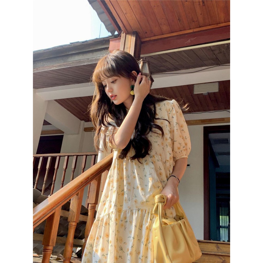Đầm - Váy babydoll hoa nhí dáng xòe cổ tròn tay bồng ulzzang