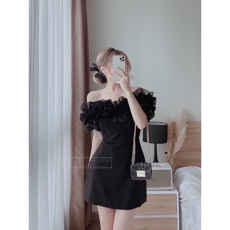 ĐẦM DỰ TIỆC TRỄ VAI BÈO VOAN TƠ NHÚN GANET DRESS