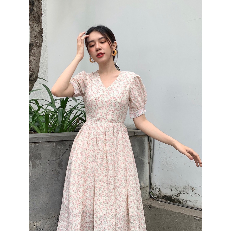 Đầm hoa babydoll cổ chữ V thắt nơ lưng chất vải hoa xốp - Lili dress (BT103)