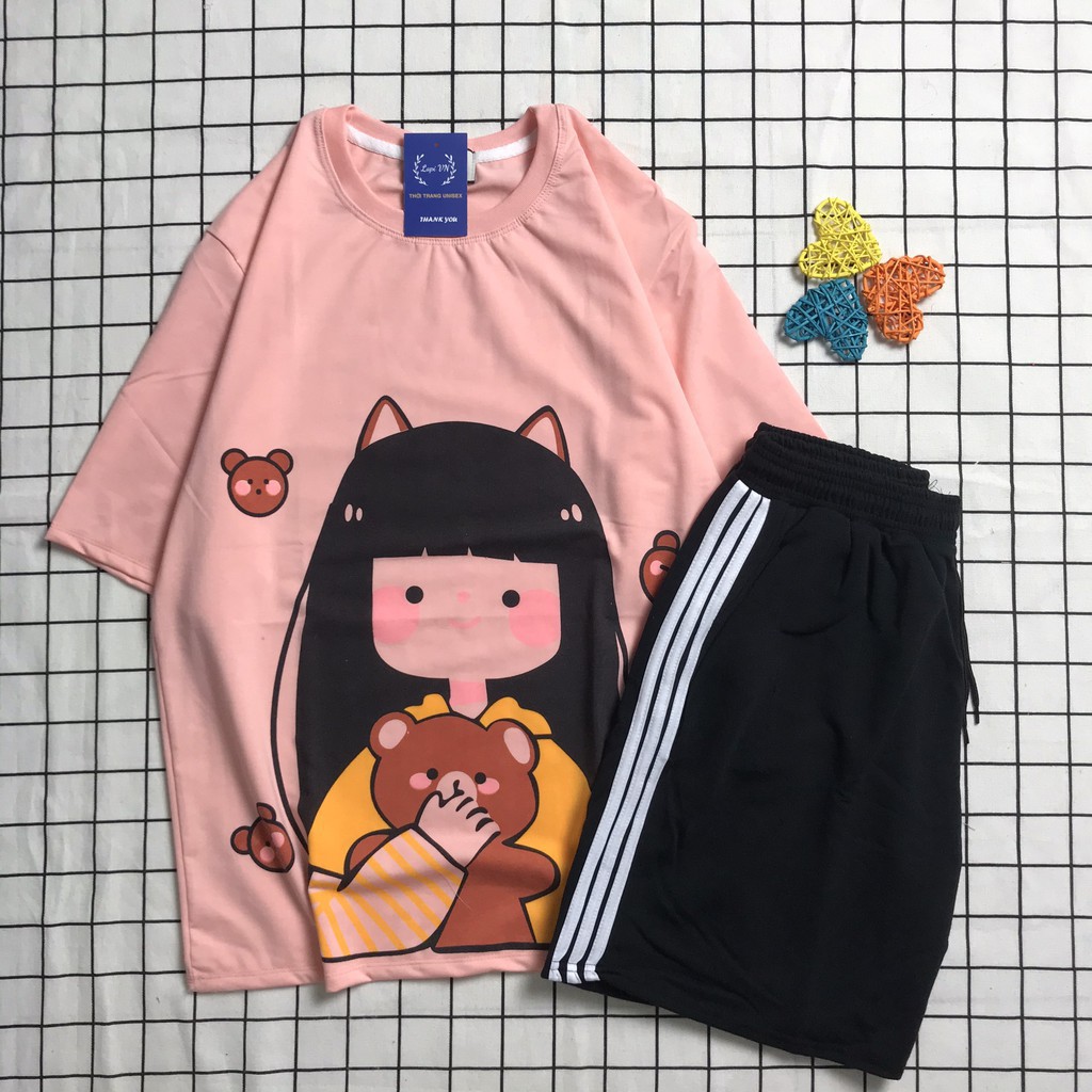 Sét Bộ Đồ Nữ Mặc Ở Nhà , Áo Thun Nữ In Cô Gái Ôm Gấu Mix Quần Short Nữ 3 Sọc Phong Cách