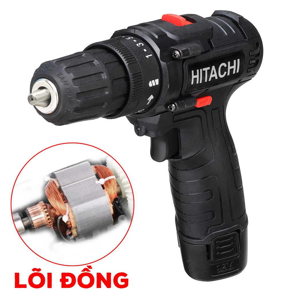 ¤◎♙Máy khoan pin HITACHI 12V, Bắn Vít, Vặn vít - cầm tay 2 cấp tốc độ, 100% đồng, Siêu bền, Có Đèn