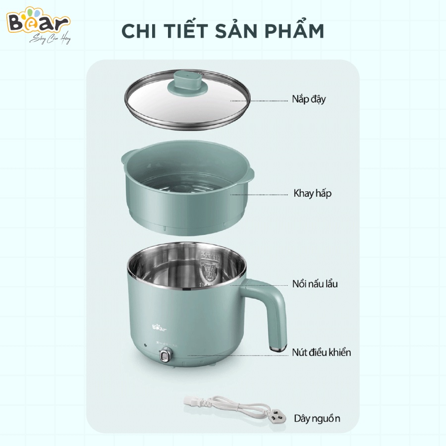 [Bear Chính Hãng] Nồi đa năng mini Bear DRG-D12M5 – Xanh lá nhạt với ông suất lớn 600W kết hợp với 2 mức nhiệt.