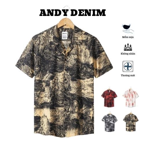 Áo sơ mi nam cộc tay cổ vest chất liệu lụa không nhăn, áo sơ mi nam vải lụa hoạ tiết- Andy Denim