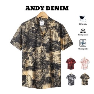 Áo sơ mi nam cộc tay cổ vest chất liệu lụa không nhăn, áo sơ mi nam vải lụa hoạ tiết- Andy Denim