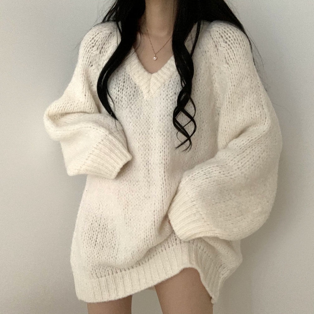 Áo sweater dệt kim dáng rộng cổ chữ V thời trang xuân thu cho nữ 2021