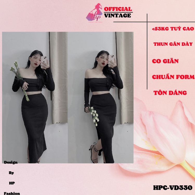 Set áo trễ vai croptop tay dài kèm chân váy xẻ tà đùi màu đen thun xịn kiểu hàn quốc tôn dáng VD330