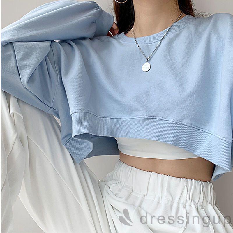 DRE-Women’s Casual Long Sleeve Fashion Solid Color Round Neck Exposed Navel T-shirt