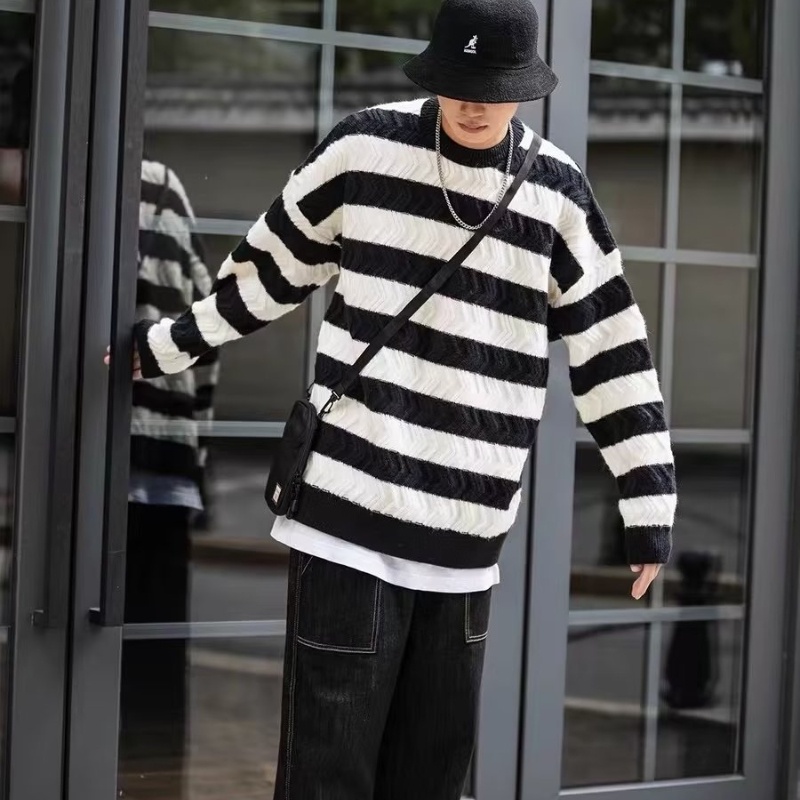 Áo Sweater Chui Đầu Dáng Rộng Họa Tiết Kẻ Sọc Đơn Giản Thời Trang Mùa Thu Phong Cách Hàn Quốc Cho Nam Và Nữ