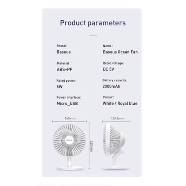 Quạt tích điện trên ô tô Hãng BASEUS 2000mAh -BH 6 Tháng