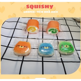 Squishy bánh cuộn và mặt mèo dễ thương kèm bao bì móc khóa